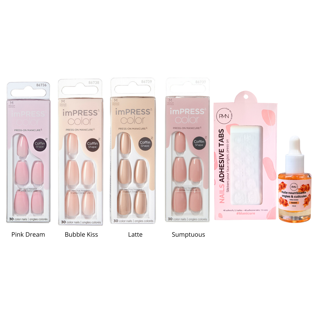 Pack spécial press on Nudie Coffin - 4 press on nails + tabs + huile nourrissante ongles & cuticules caramel