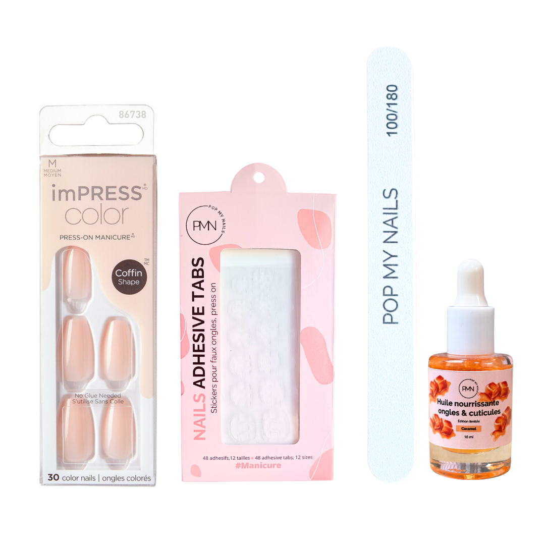 Pack press on nails imPRESS Color Coffin & soin (press on + tabs + lime à ongles + huile nourrissante ongles & cuticules) - Bubble Kiss