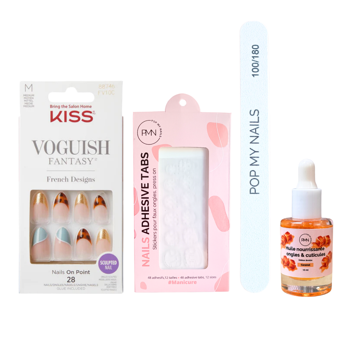 Pack press on nails Kiss Products & soin (press on + tabs + lime à ongles + huile nourrissante ongles & cuticules) - Charmante