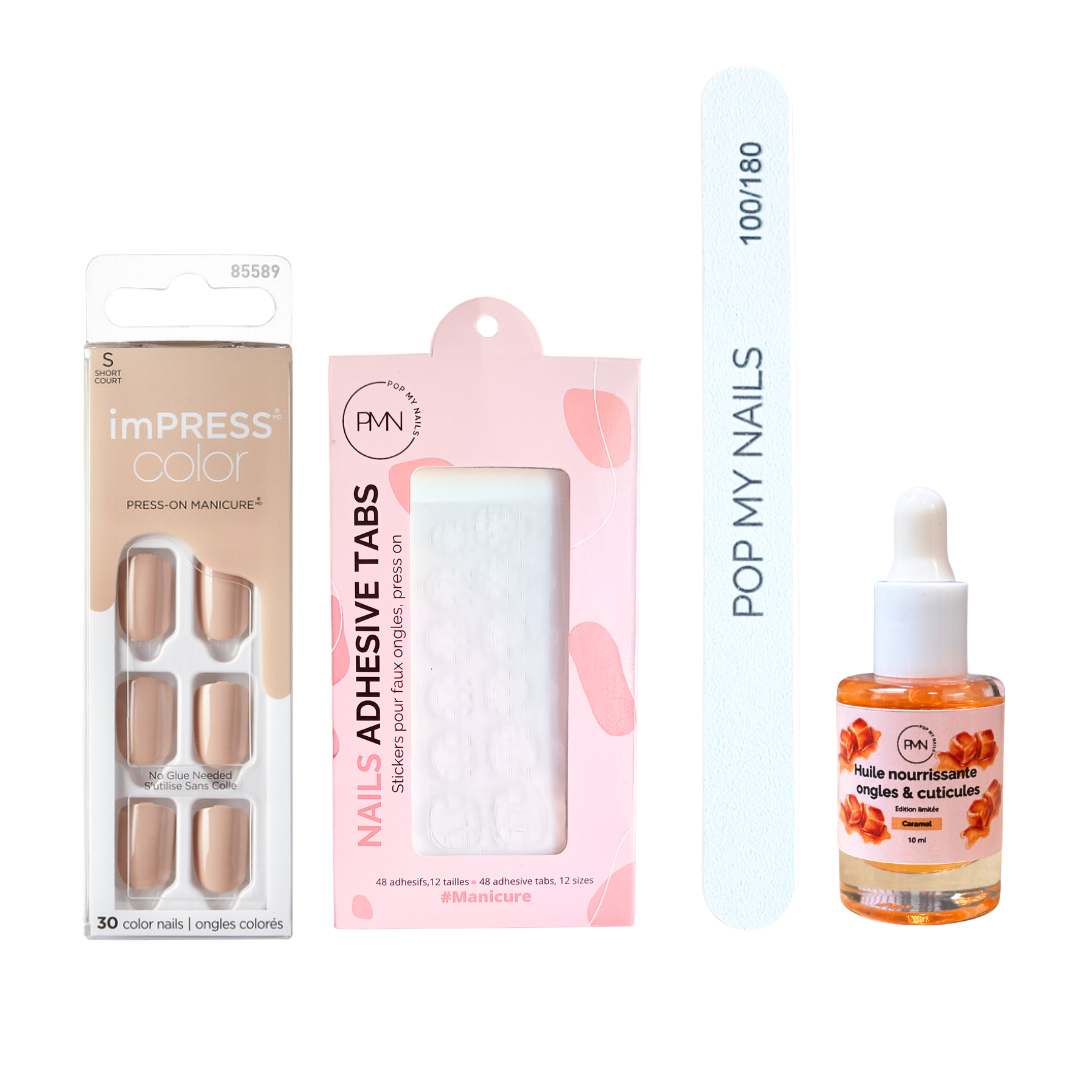 Pack press on nails imPRESS Color & soin (press on + tabs + lime à ongles + huile nourrissante ongles & cuticules) - Latte