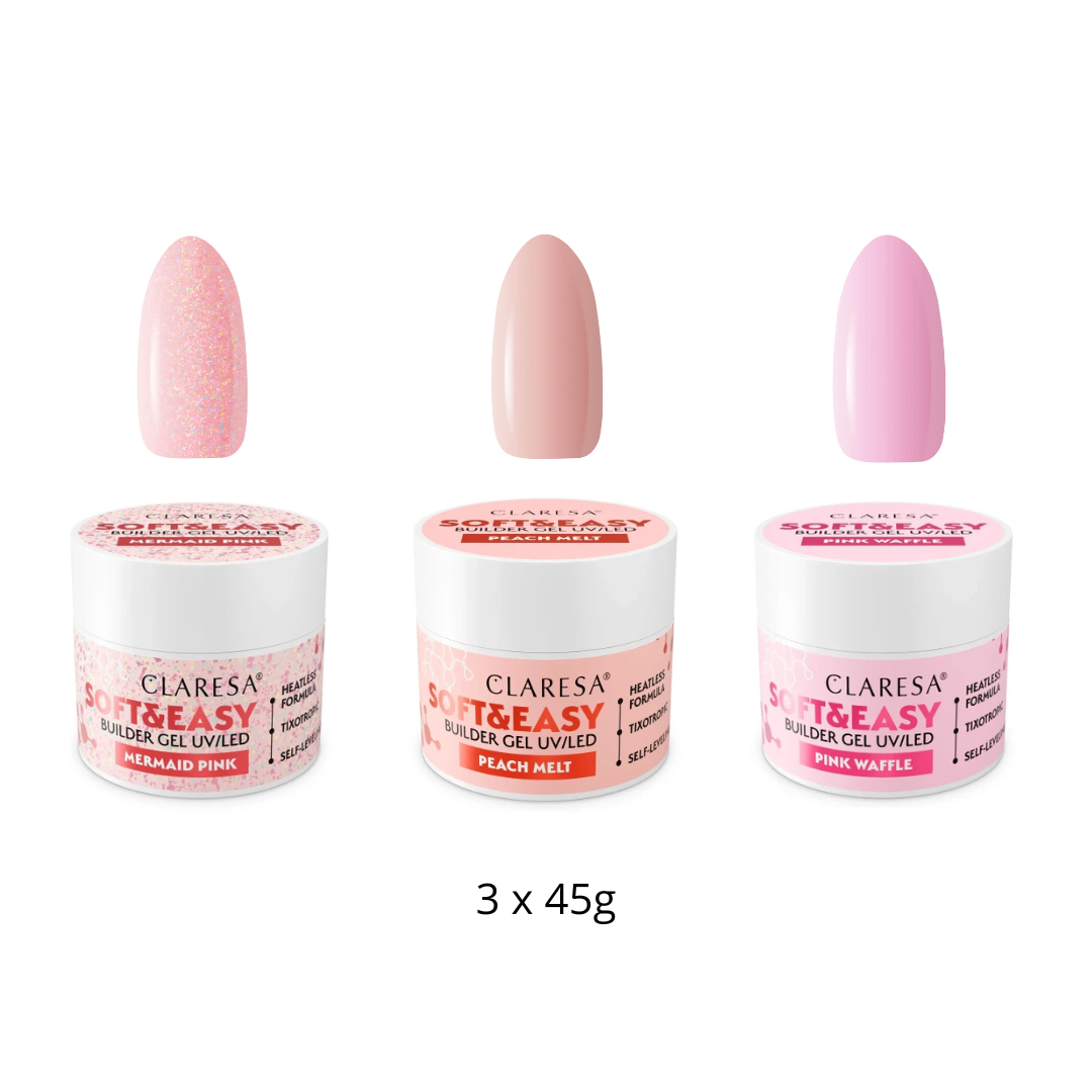 Claresa | Pack Gel Builder Soft & Easy 3x45g - Mermaid Pink, Peach Melt, Pink Waffle