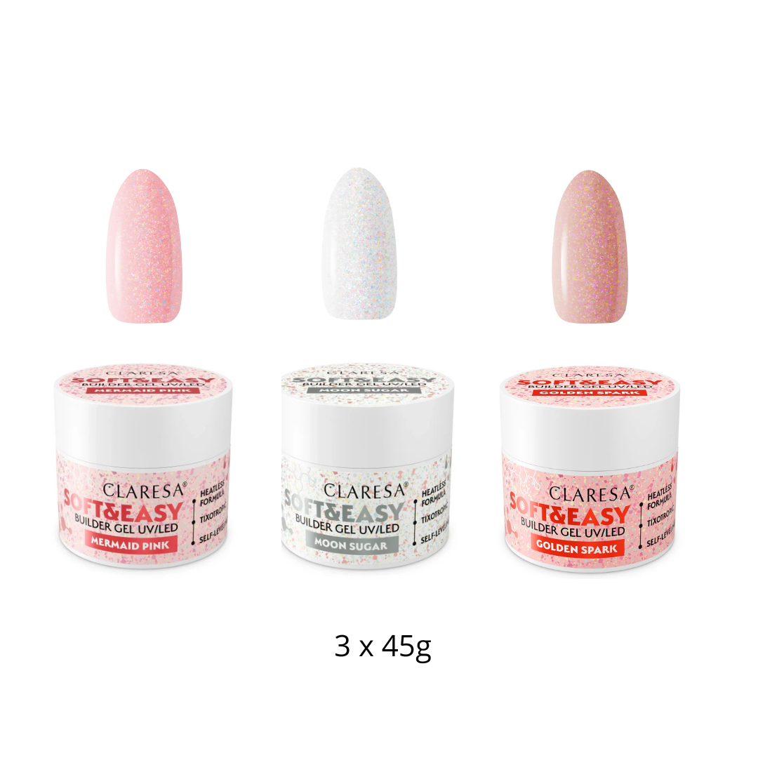 Claresa | Pack Gel Builder Soft & Easy 3x45g - Mermaid Pink, Moon Sugar, Golden Spark