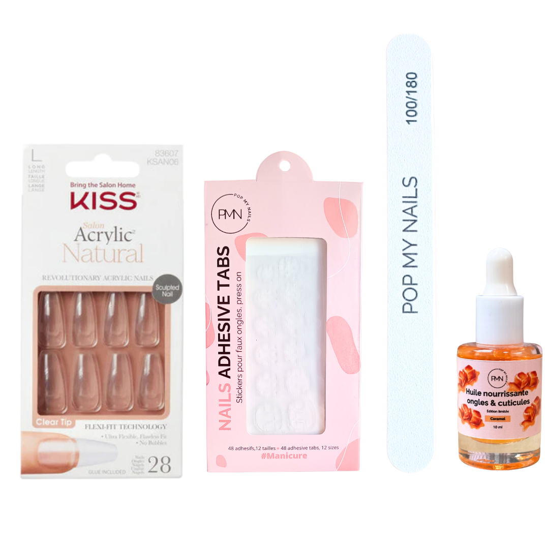 Pack press on nails Kiss Products & soin (press on + tabs + lime à ongles + huile nourrissante ongles & cuticules) - Natural Crystal
