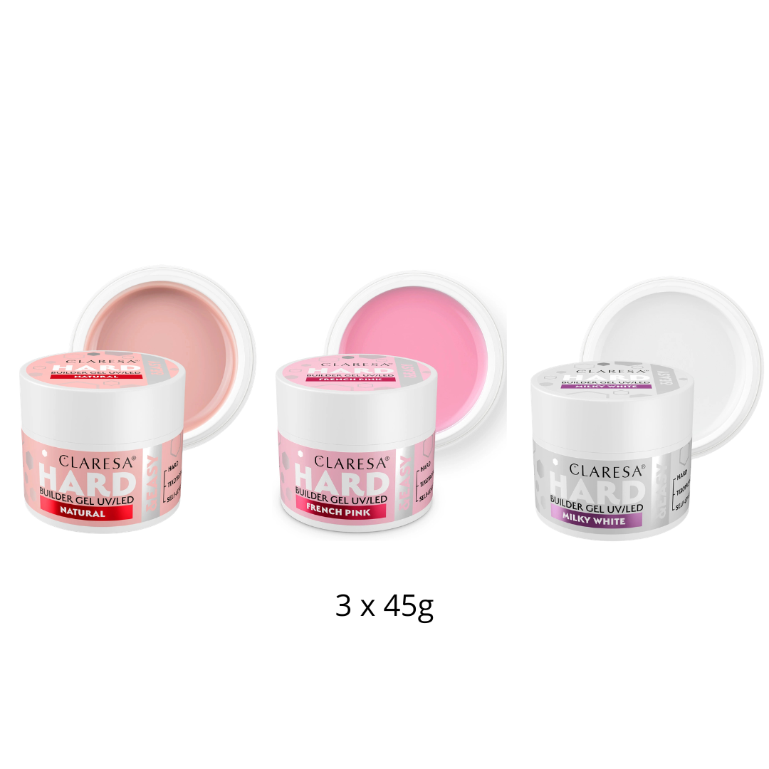 Claresa | Pack Gel Builder Hard & Easy 3x45g - Natural, French Pink, Milky White