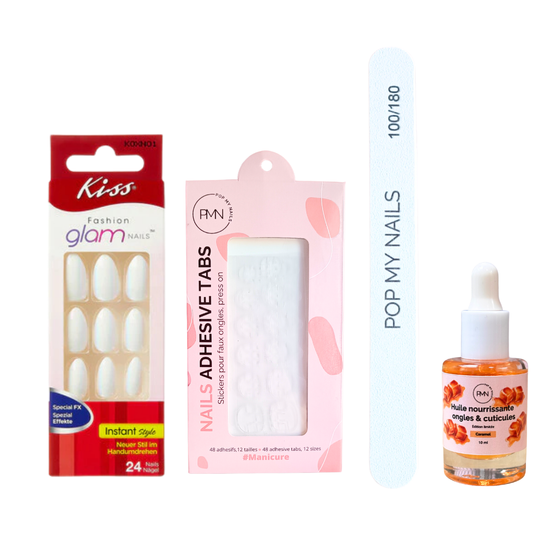 Pack press on nails Kiss Products & soin (press on + tabs + lime à ongles + huile nourrissante ongles & cuticules) - Popping Boba