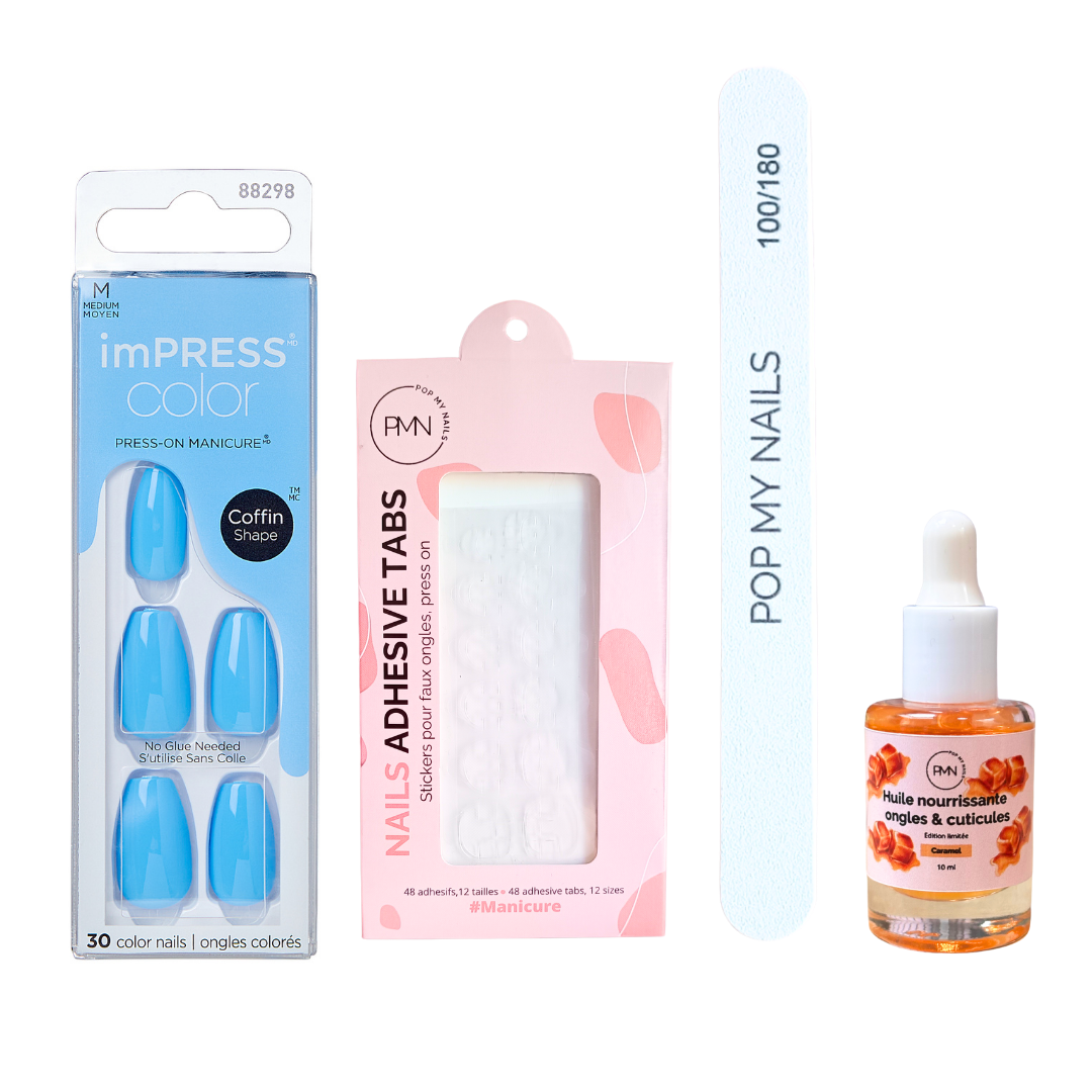 Pack press on nails imPRESS Color Coffin & soin (press on + tabs + lime à ongles + huile nourrissante ongles & cuticules) - Serene Blue