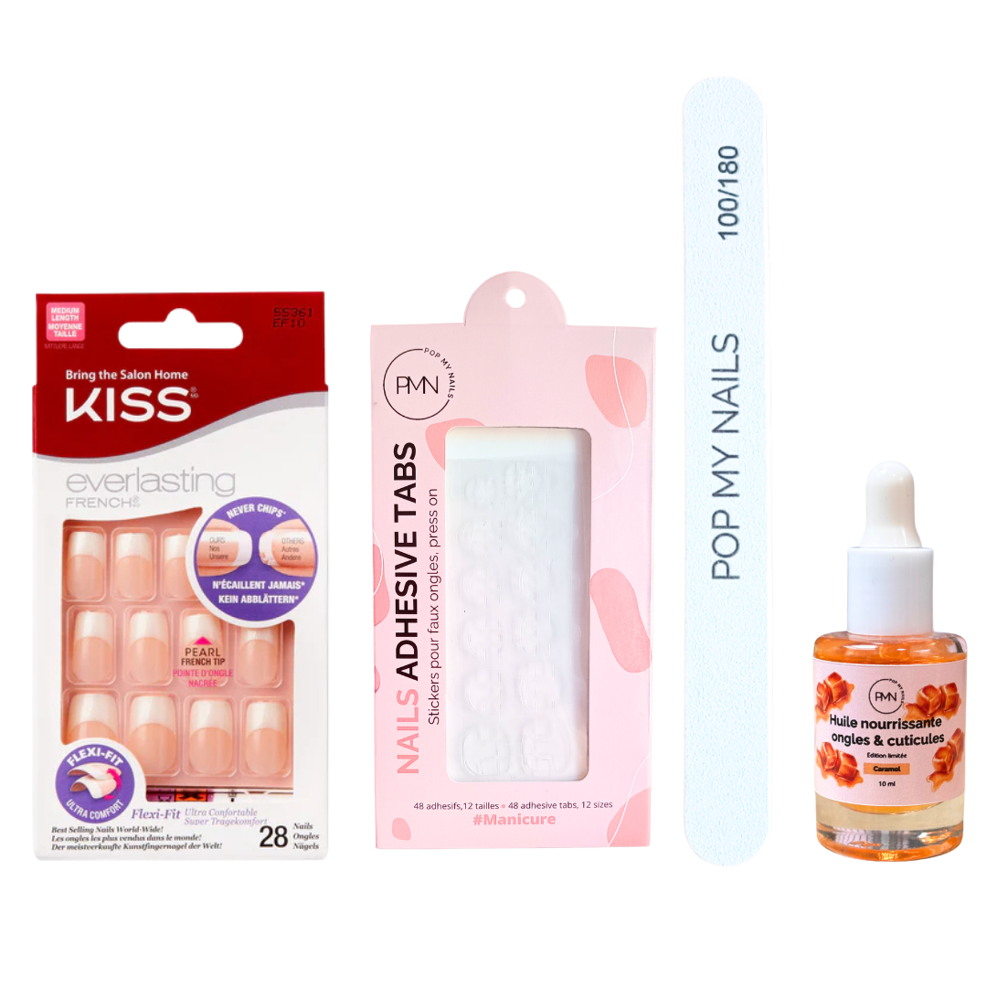 Pack press on nails Kiss Products & soin (press on + tabs + lime à ongles + huile nourrissante ongles & cuticules) - Wedding Gown