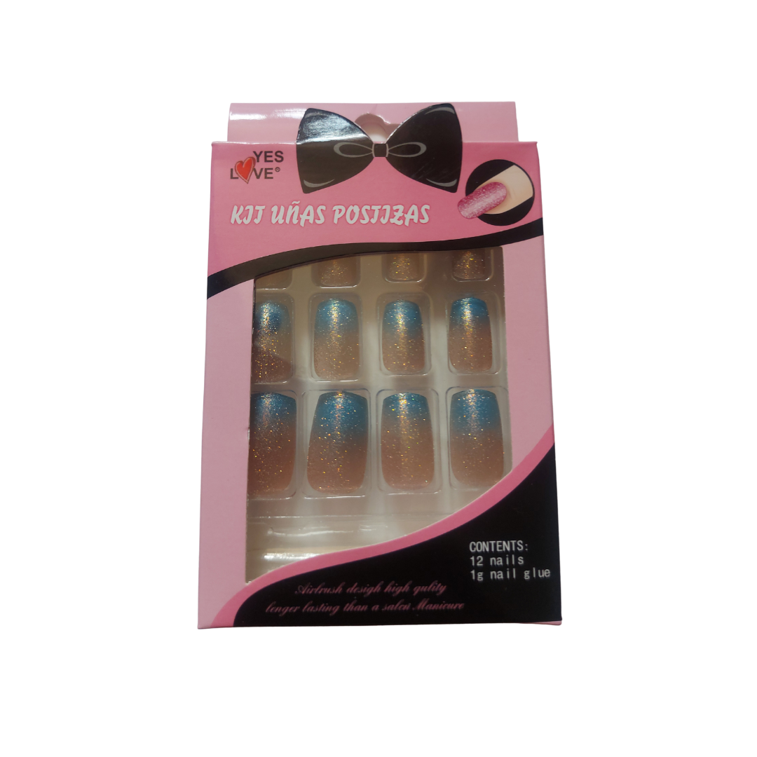 YES LOVE | Faux Ongles Dégradé Pailleté Bleu Foncé - SANS COLLE FOURNIE
