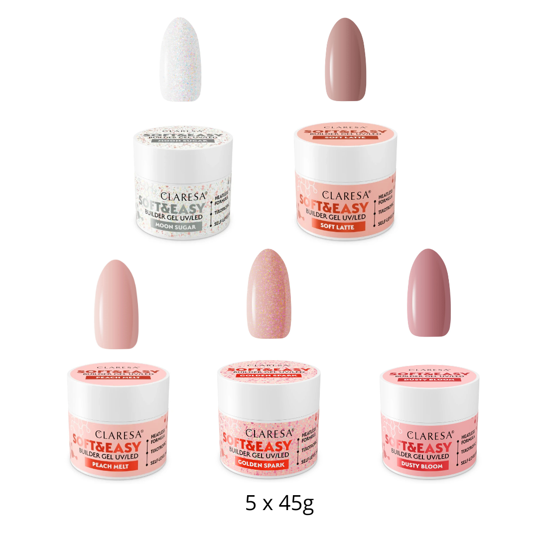 Claresa | Pack Gel Builder Soft & Easy 5x45g - Moon Sugar, Soft Latte, Peach Melt, Golden Spark, Dusty Bloom