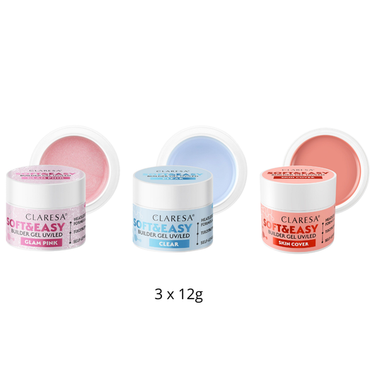 Claresa | Pack Gel Builder Soft & Easy 3x 12g - Glam Pink, Clear, Skin Cover
