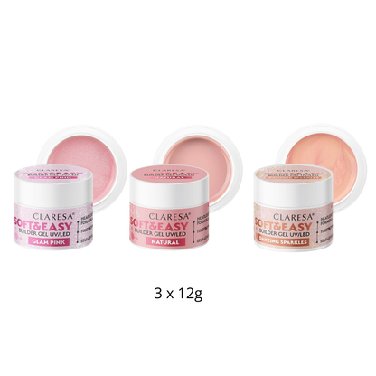 Claresa | Pack Gel Builder Soft & Easy 3x 12g - Glam Pink, Natural, Dancing Sparkles