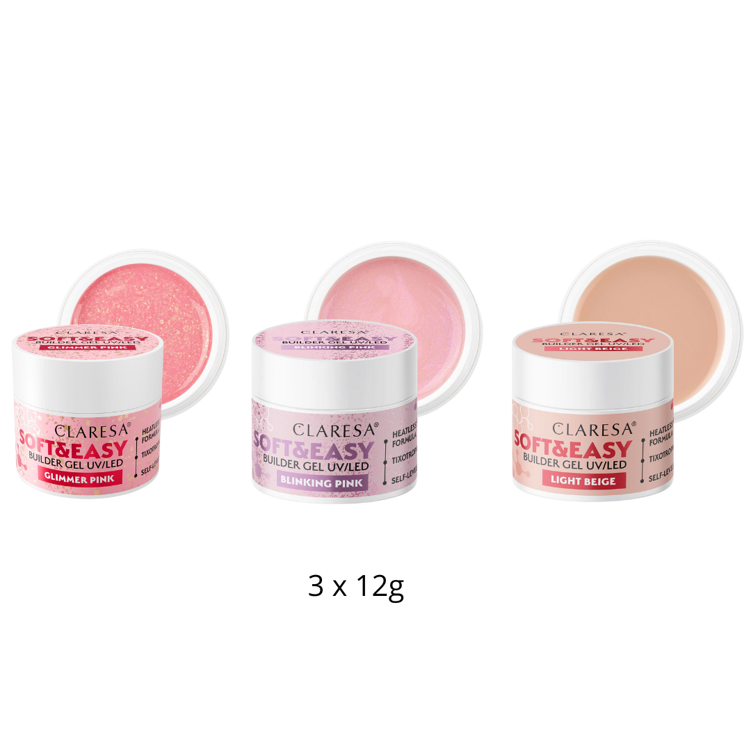 Claresa | Pack Gel Builder Soft & Easy 3x 12g - Glimmer Pink, Blinking Pink, Light Beige