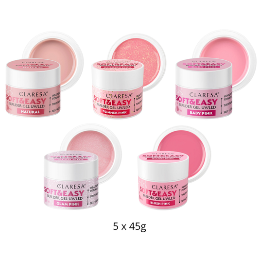 Claresa | Pack Gel Builder Soft & Easy 5x45g - Natural, Glimmer Pink, Baby Pink, Glam Pink, Blush Pink
