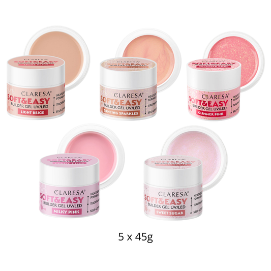 Claresa | Pack Gel Builder Soft & Easy 5x45g - Dancing Sparkles, Light Beige, Glimmer Pink, Milky Pink, Sweet Sugar