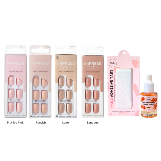 Pack spécial press on Nudie -  4 press on nails + tabs + huile nourrissante ongles & cuticules caramel
