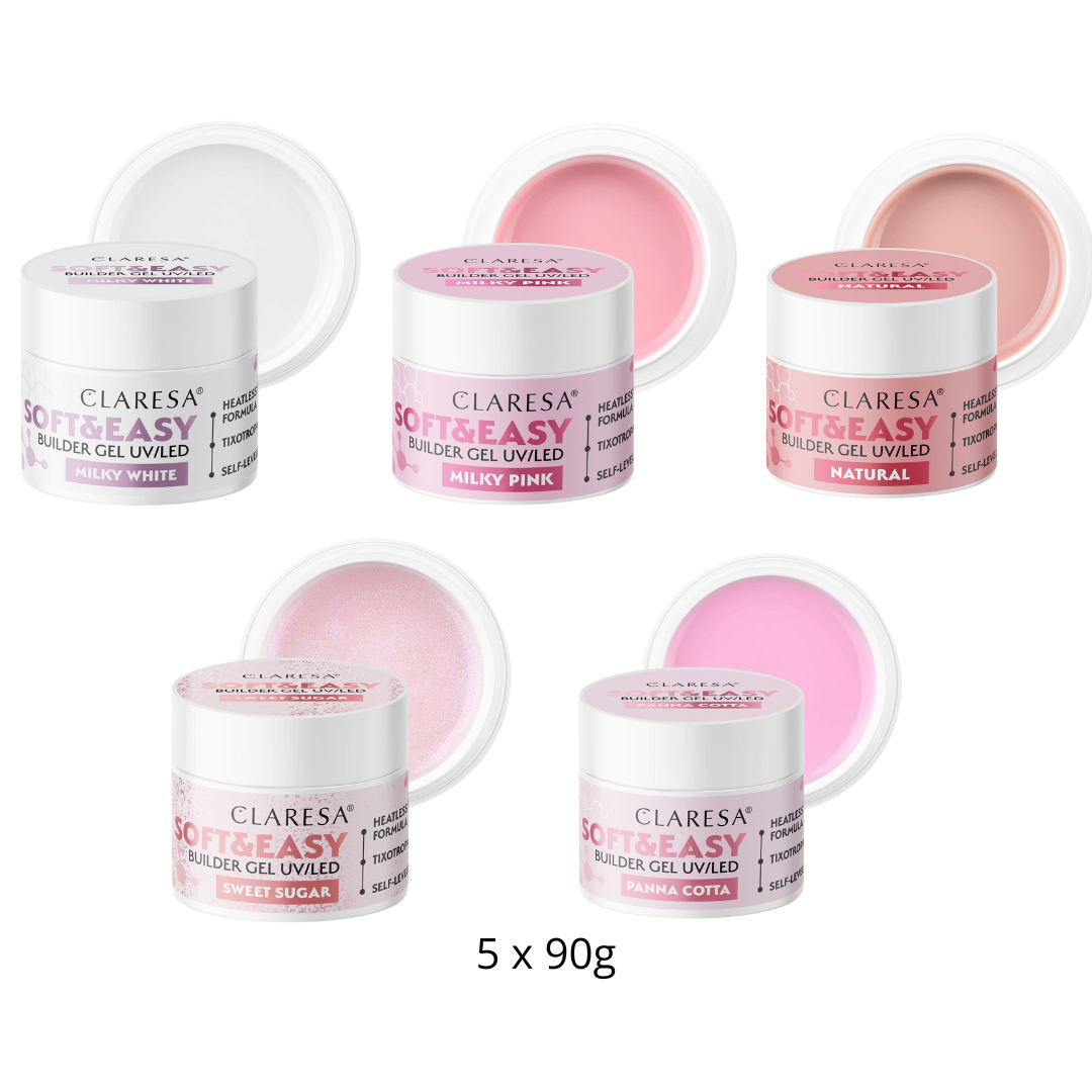 Claresa | Pack Gel Builder Soft & Easy 5x90g - Milky White, Milky Pink, Natural, Sweet Sugar, Panna Cotta