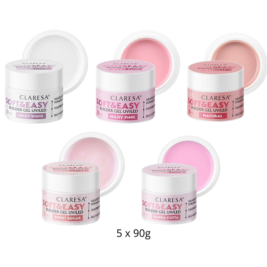 Claresa | Pack Gel Builder Soft & Easy 5x90g - Milky White, Milky Pink, Natural, Sweet Sugar, Panna Cotta