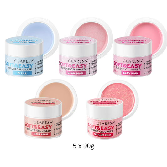 Claresa | Pack Gel Builder Soft & Easy 5x90g - Clear, Glam Pink, Baby Pink, Light Beige, Glimmer Pink