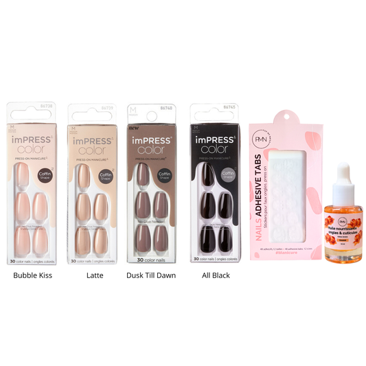Pack spécial press on Cookie -  4 press on nails + tabs + huile nourrissante ongles & cuticules caramel