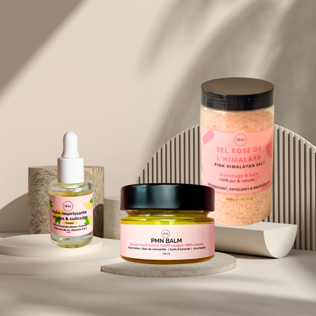 Pop My Nails | Trio Nail & Skin Care - Huile nourrissante ongles & cuticules parfum mangue + PMN Balm + Sel Rose de l'Himalaya