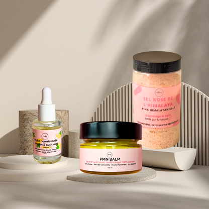 Pop My Nails | Trio Nail & Skin Care - Huile nourrissante ongles & cuticules parfum mangue + PMN Balm + Sel Rose de l'Himalaya