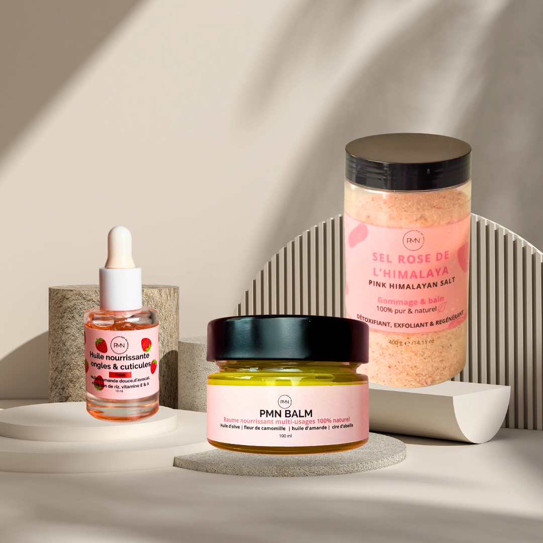 Pop My Nails | Trio Nail & Skin Care - Huile nourrissante ongles & cuticules parfum fraise + PMN Balm + Sel Rose de l'Himalaya