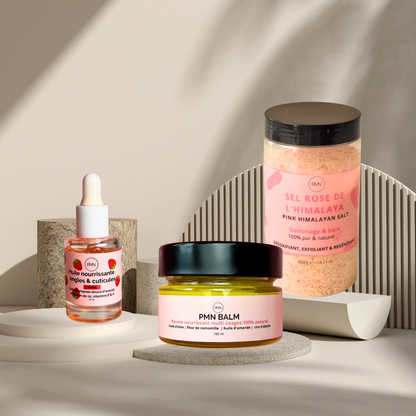 Pop My Nails | Trio Nail & Skin Care - Huile nourrissante ongles & cuticules parfum fraise + PMN Balm + Sel Rose de l'Himalaya