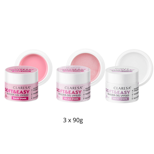 Claresa | Pack Gel Builder Soft & Easy 3x90g - Baby Pink, Glam Pink, Milky White