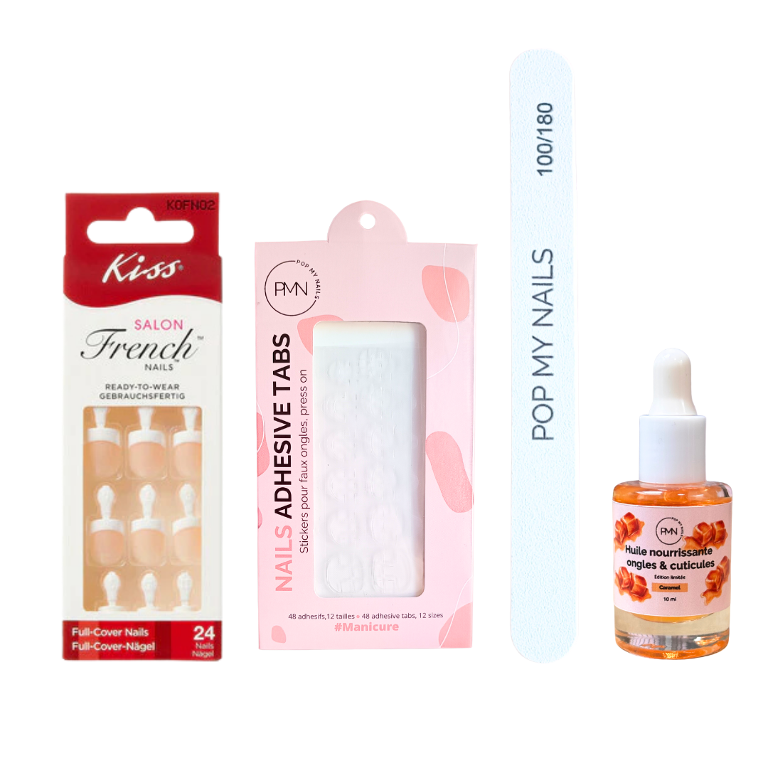 Pack press on nails Kiss Products & soin (press on + tabs + lime à ongles + huile nourrissante ongles & cuticules) - Be Well
