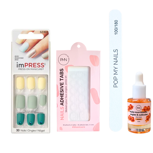 Pack press on nails imPRESS Manicure & soin (press on + tabs + lime à ongles + huile nourrissante ongles & cuticules) - Bells