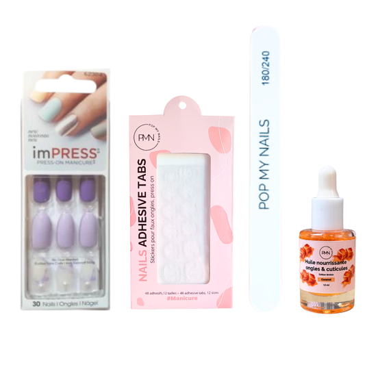 Pack press on nails imPRESS Manicure & soin (press on + tabs + lime à ongles + huile nourrissante ongles & cuticules) - Boogie Down (Violet)