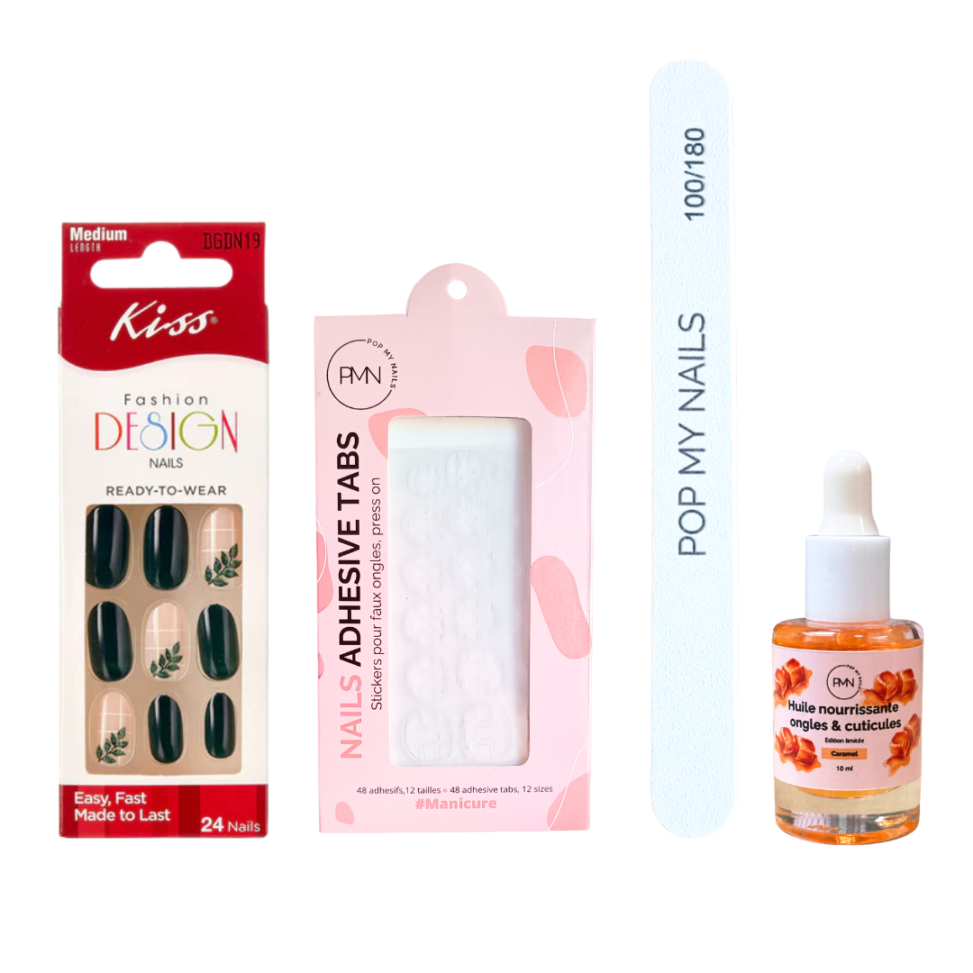 Pack press on nails Kiss Products & soin (press on + tabs + lime à ongles + huile nourrissante ongles & cuticules) - Borna Fide