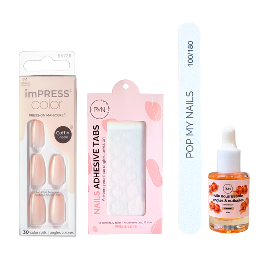 Pack press on nails imPRESS Color Coffin & soin (press on + tabs + lime à ongles + huile nourrissante ongles & cuticules) - Bubble Kiss