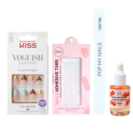 Pack press on nails Kiss Products & soin (press on + tabs + lime à ongles + huile nourrissante ongles & cuticules) - Charmante