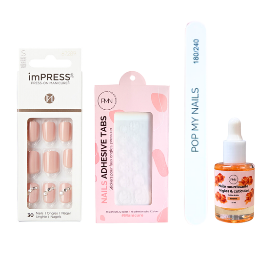 Pack press on nails imPRESS Manicure & soin  (press on + tabs + lime à ongles + huile nourrissante ongles & cuticules) - Crystal Blossom