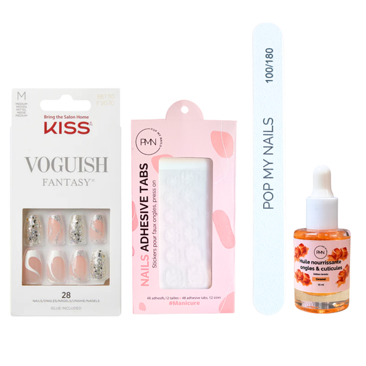 Pack press on nails Kiss Products & soin (press on + tabs + lime à ongles + huile nourrissante ongles & cuticules) - Fashspiration