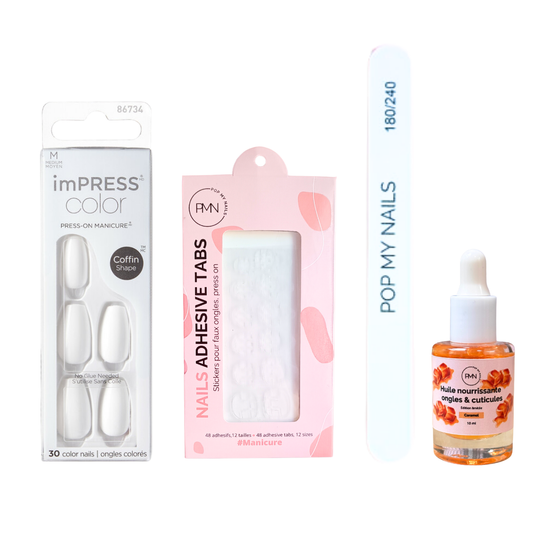 Pack press on nails imPRESS Manicure & soin (press on + tabs + lime à ongles + huile nourrissante ongles & cuticules) - Frosting Coffin