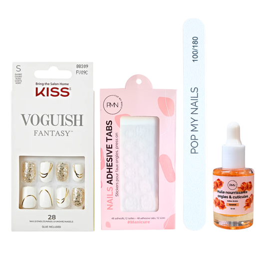 Pack press on nails Kiss Products & soin (press on + tabs + lime à ongles + huile nourrissante ongles & cuticules) - Glam & Glow