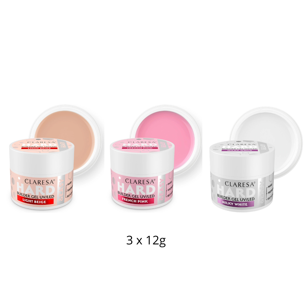Claresa | Pack Gel Builder Hard & Easy 3x 12g - Light Beige, Milky White, French Pink