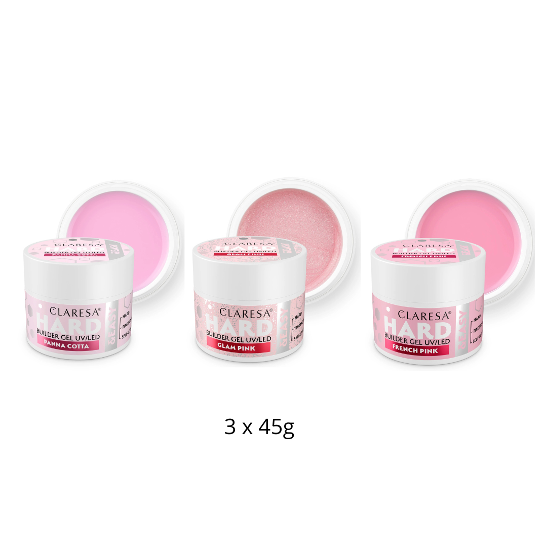 Claresa | Pack Gel Builder Hard & Easy 3x45g - Panna Cotta, Glam Pink, French Pink