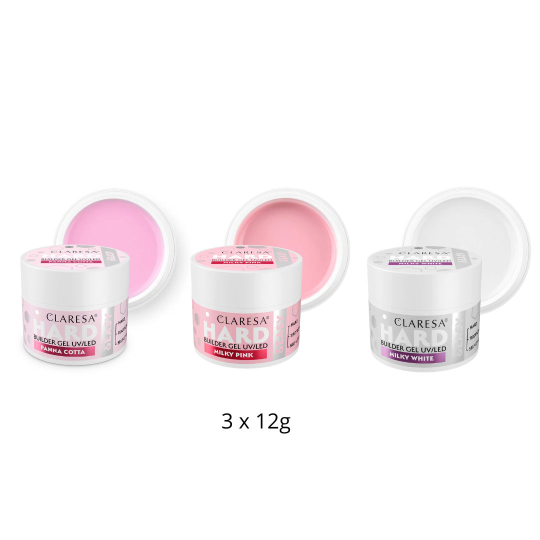 Claresa | Pack Gel Builder Hard & Easy 3x 12g - Milky Pink, Milky White, Panna Cotta