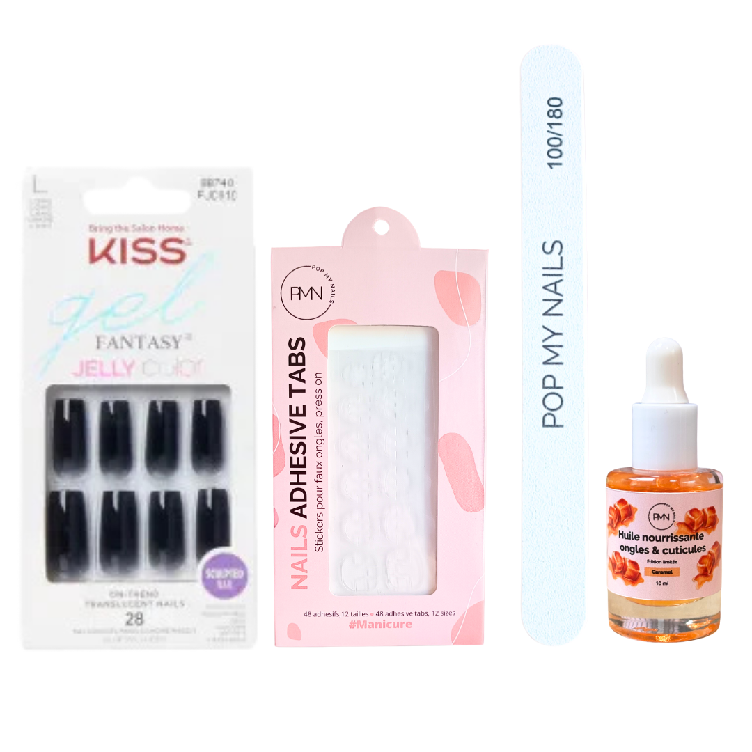 Pack press on nails Kiss Products & soin (press on + tabs + lime à ongles + huile nourrissante ongles & cuticules) - Jellly Gelée