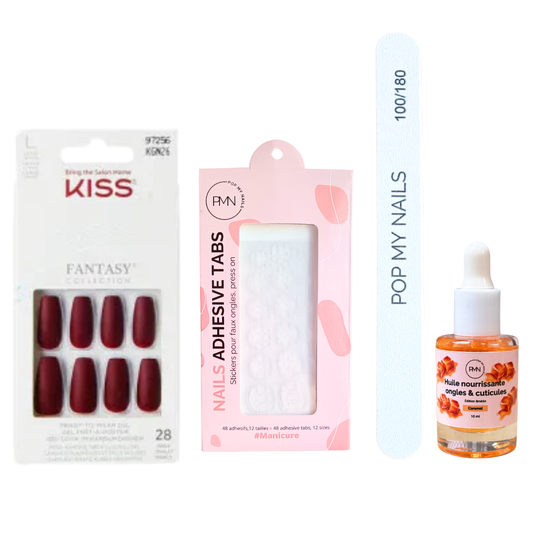 Pack press on nails Kiss Products & soin (press on + tabs + lime à ongles + huile nourrissante ongles & cuticules) - Kon'nichiwa