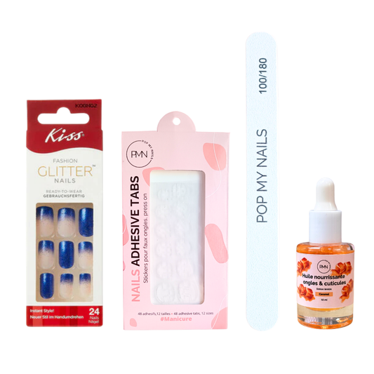 Pack press on nails Kiss Products & soin (press on + tabs + lime à ongles + huile nourrissante ongles & cuticules) - Live the Moment