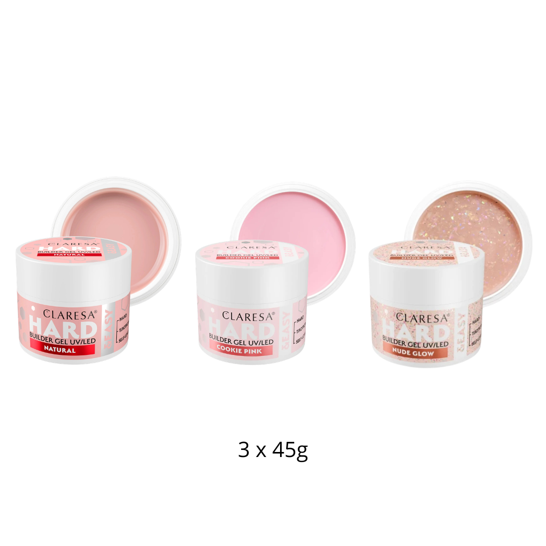 Claresa | Pack Gel Builder Hard & Easy 3x45g - Natural, Cookie Pink, Nude Glow