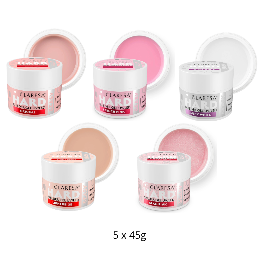 Claresa | Pack Gel Builder Hard & Easy 5x 45g - Natural, French Pink, Milky White, Light Beige, Glam Pink