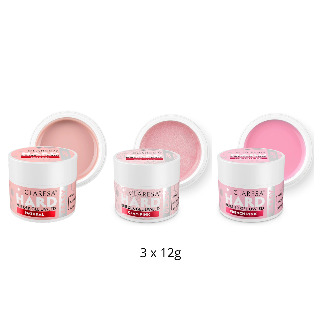 Claresa | Pack Gel Builder Hard & Easy 3x 12g - Natural, Glam Pink, French Pink