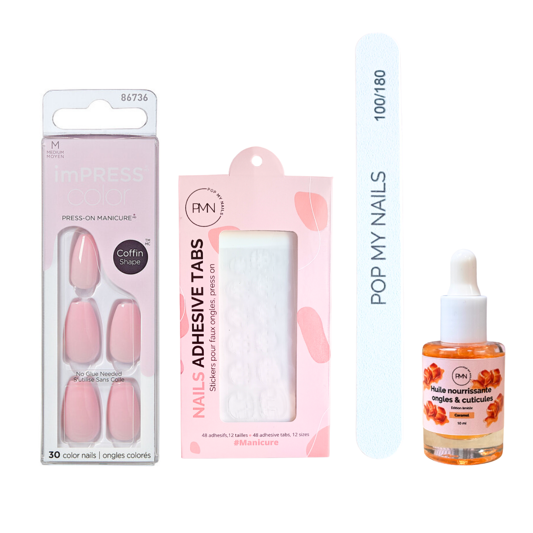 Pack press on nails imPRESS Color Coffin & soin (press on + tabs + lime à ongles + huile nourrissante ongles & cuticules) - Pink Dream