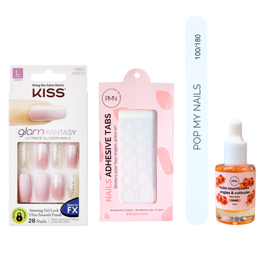 Pack press on nails Kiss Products & soin (press on + tabs + lime à ongles + huile nourrissante ongles & cuticules) - Play Favorites (Baby Boomer)