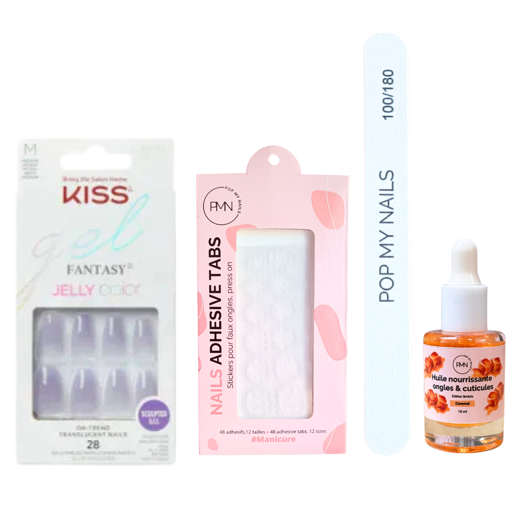 Pack press on nails Kiss Products & soin (press on + tabs + lime à ongles + huile nourrissante ongles & cuticules) - Quincy Jelly